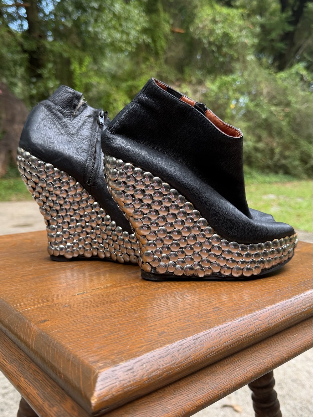 Jeffrey Campbell Tick leather wedge booties 6.5 Silver Tacks